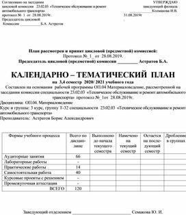 КТП ОП.04 Материаловедение, специальности 23.02.03  «Техническое обслуживание и ремонт автомобильного транспорта»