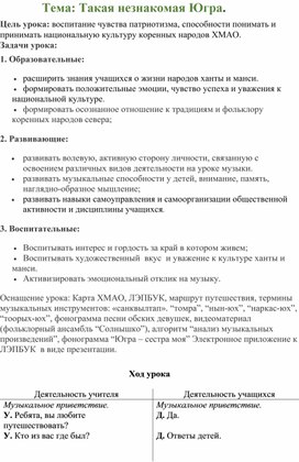 Сценарий открытого урока по музыке "Такая незнакомая Югра" с применением  современных технологий и приёмов по формированию функциональной грамотности обучающихся