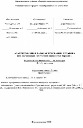 Адаптированная рабочая программа по русскому языку 7 класс