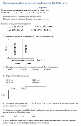 Контрольная работа по математике, 8 класс за 2023-2024 уч.г.