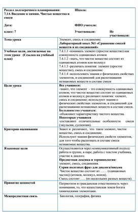 Разработка урока по химии "Элемент. Смесь. Соединение".