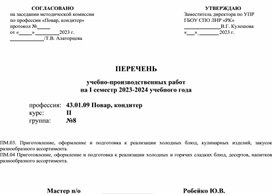 ПЕРЕЧЕНЬ учебно-производственных работ на I семестр 2023-2024 учебного года