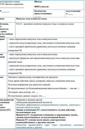 Обложка для материала КСП к уроку Импульс тела, импульс силы