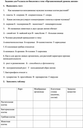 Задания по биологии для 9 класса по разделу "Организменный уровень жизни"