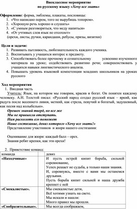 Внеклассное мероприятие по русскому языку «Хочу все знать»