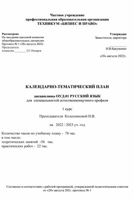 Комплект контрольно- оценочных средств для оценки освоения дисциплины ОГСЭ.01 Русский язык для специальностей естественно- научного цикла