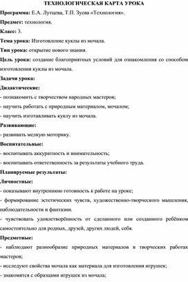 ТК урока технологии. Тема: Изготовление куклы из мочала.