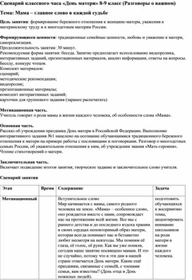 Обложка для материала Классный час "День матери" (Разговоры о важном) 8-9 класс