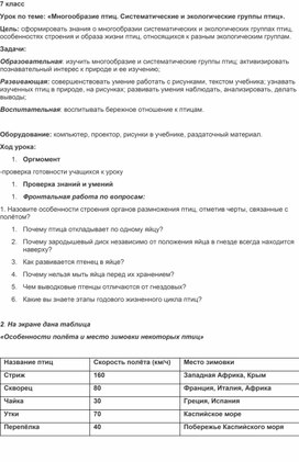 Урок по теме: «Многообразие птиц. Систематические и экологические группы птиц».