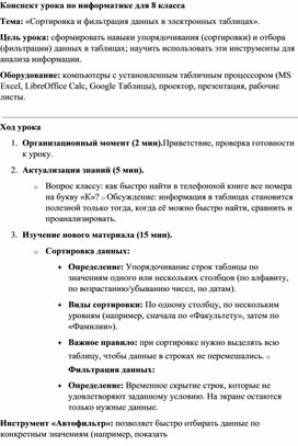Обложка для материала Конспект урока по информатике для 8 класса Сортировка и фильтрация данных в электронных таблицах