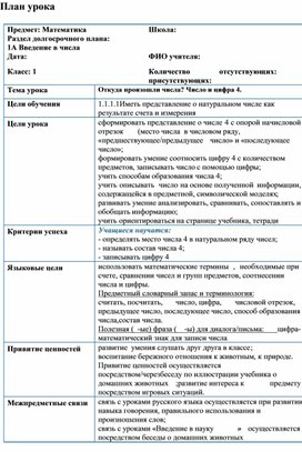 Введение в числа. Откуда произошли числа. Число и цифра 4. КРАТКОСРОЧНЫЙ ПЛАН