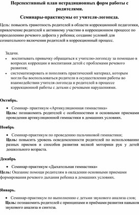 Перспективное план нетрадиционных форм работы с родителями.