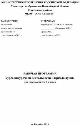 Внеурочная деятельность 8 класс  " Зеркало души"