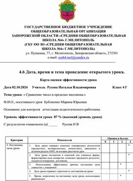 Обложка для материала Оценочная каАнализ открытого урока математики в 4 классе. Тема: " Сравнение чисел в пределах миллиона"