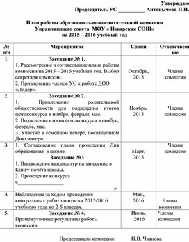 План работы ОВК Управляющего совета