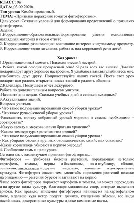 Конспект урока по технологии/сельскохозяйственный труд в 9 классе по теме: "Признаки поражения томатов фитофторозом"