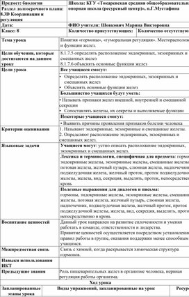 Обложка для материала Краткосрочный план урока Понятия «гормоны», «гуморальная регуляция». Месторасположение и функции желез.