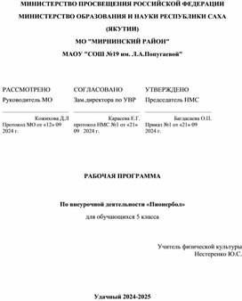 Обложка для материала Рабочая программа по внеурочной деятельности "Пионербол"