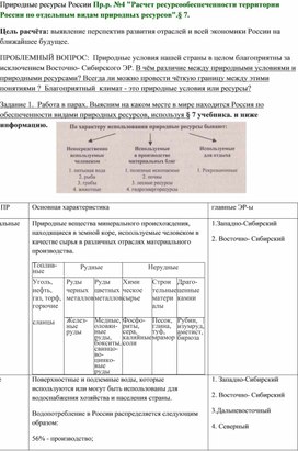 Расчет ресурсообеспеченности территории России по отдельным видам природных ресурсов