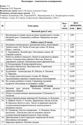 Календарно-тематическое планирование по литературному чтению 2 класс, УМК Перспектива