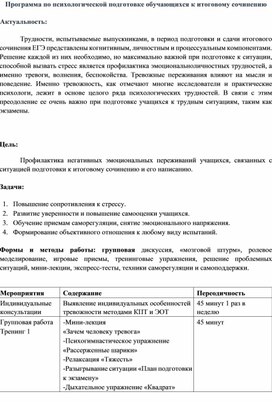 Программа при психологической подготовке обучающихся к итоговому сочинению