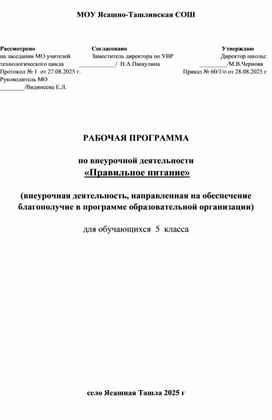 Обложка для материала рабочая программа "Правильное питание" для обучающихся 5 классапо внеурочной деятельности