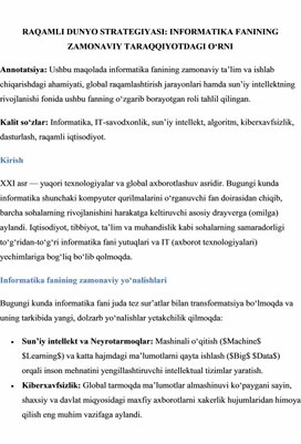 Обложка для материала RAQAMLI DUNYO STRATEGIYASI: INFORMATIKA FANINING ZAMONAVIY TARAQQIYOTDAGI O‘RNI