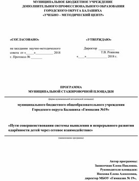 Программа Муниципальной стажировочной площадки МБОУ Городского округа Балашиха "Гимназия № 19" Пути совершенствования системы выявления и непрерывного развития одарённости детей через сетевое взаимодействие