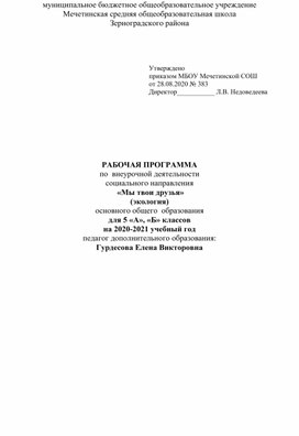 Рабочая программа по внеурочной деятельности Мы твои друзья экологической направленности