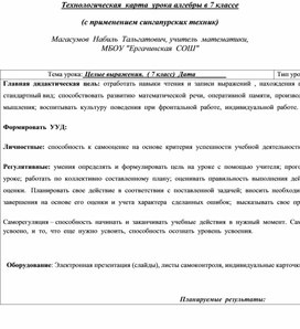 Технологическая карта урока алгебры в 7 классе. тема Целые выражения