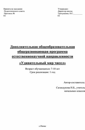 Обложка для материала Дополнительная общеобразовательная общеразвивающая программа естественнонаучной направленности "Удивительный мир чисел"