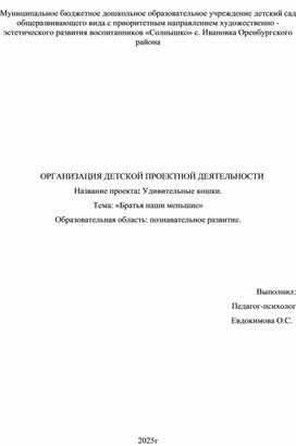 Обложка для материала ОРГАНИЗАЦИЯ ДЕТСКОЙ ПРОЕКТНОЙ ДЕЯТЕЛЬНОСТИ Название проекта: Удивительные кошки. Тема: «Братья наши меньшие» Образовательная область: познавательное развитие.
