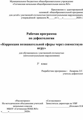 Рабочая программа  по дефектологии «Коррекция познавательной сферы через совместную игру»  для обучающихся с умственной отсталостью (интеллектуальными нарушениями)    31   класс