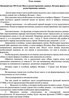 Обложка для материала Тема лекции:  Внешний вид MS Excel. Ввод и редактирование данных. Вставка формул и редактирование данных.