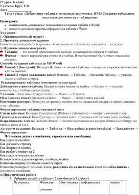 Обложка для материала Добавление таблиц в текстовые документы. ПР13 Создание небольших текстовых документов с таблицами