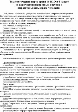 Технологическая карта урока по ИЗО в 6 классе «Графический портретный рисунок и выразительность образа человека»