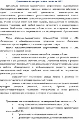 Деятельность специалистов с детьми ОВЗ в общеобразовательном учреждении