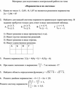 Материал для подготовки к контрольной работе по теме "Неравенства и их системы"