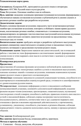 Технологическа карта урока по дисциплине "Культура речи". Тема: Вступление. Основные ошибки и как их избежать.