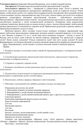 Обложка для материала Краткосрочный проект во второй младшей группе на тему:"Лето"