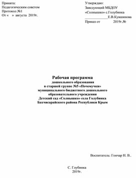 Рабочая программа  дошкольного образования в старшей группе №5 «Почемучки» муниципального бюджетного дошкольного  образовательного учреждения Детский сад «Солнышко» села Голубинка Бахчисарайского района Республики Крым