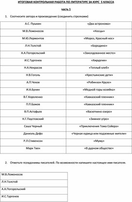 ИТОГОВАЯ КОНТРОЛЬНАЯ РАБОТА ПО ЛИТЕРАТУРЕ ЗА КУРС  5 КЛАССА