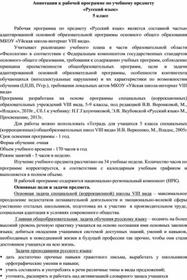 Аннотация рабочей программы по русскому языку, 5 класс коррекционной школы