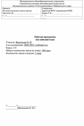 Рабочая программа по английскому языку 2-4класс