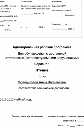 Адаптированная рабочая программа по чтению 1 класс УО вариант 8.1