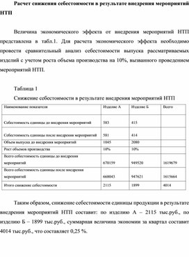 Расчет снижения себестоимости в результате внедрения мероприятий НТП