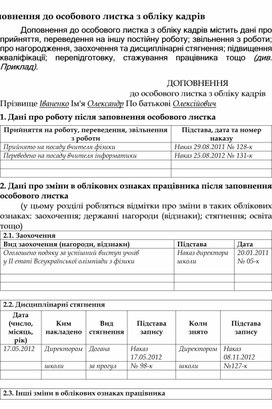 Обложка для материала Доповнення до особового листка з обліку кадрів