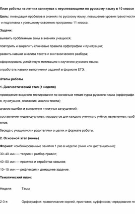 Обложка для материала План работы с неуспевающими по русскому языку в 10 классе