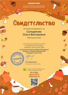 Обложка для материала Свидетельство о подготовке победителей олимпиады по русскому языку