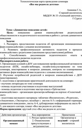 Технологическая карта семинара в форме круглого стола "Все мы родом из детства" (девиантное поведение дошкольников"